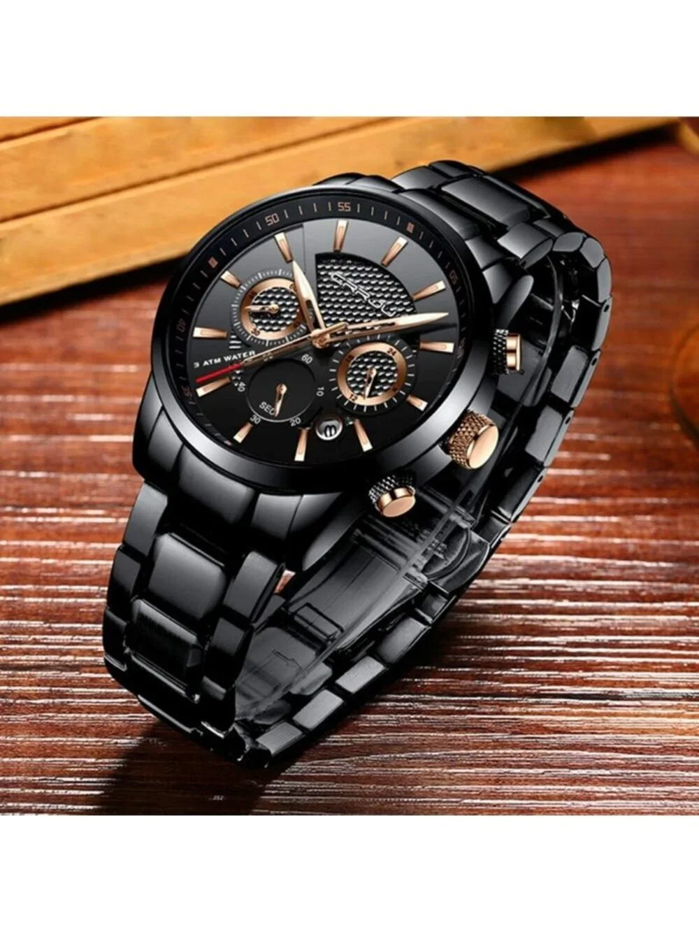 Men's Black Multifunctional Casual Chronograph Quartz Waterproof Wrist Watch